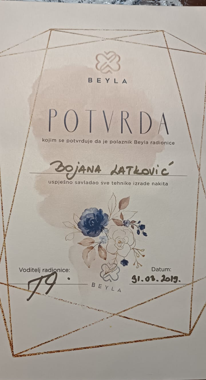 Potvrda o savladanim tehnikama izrade nakita, izdata Bojani Latković