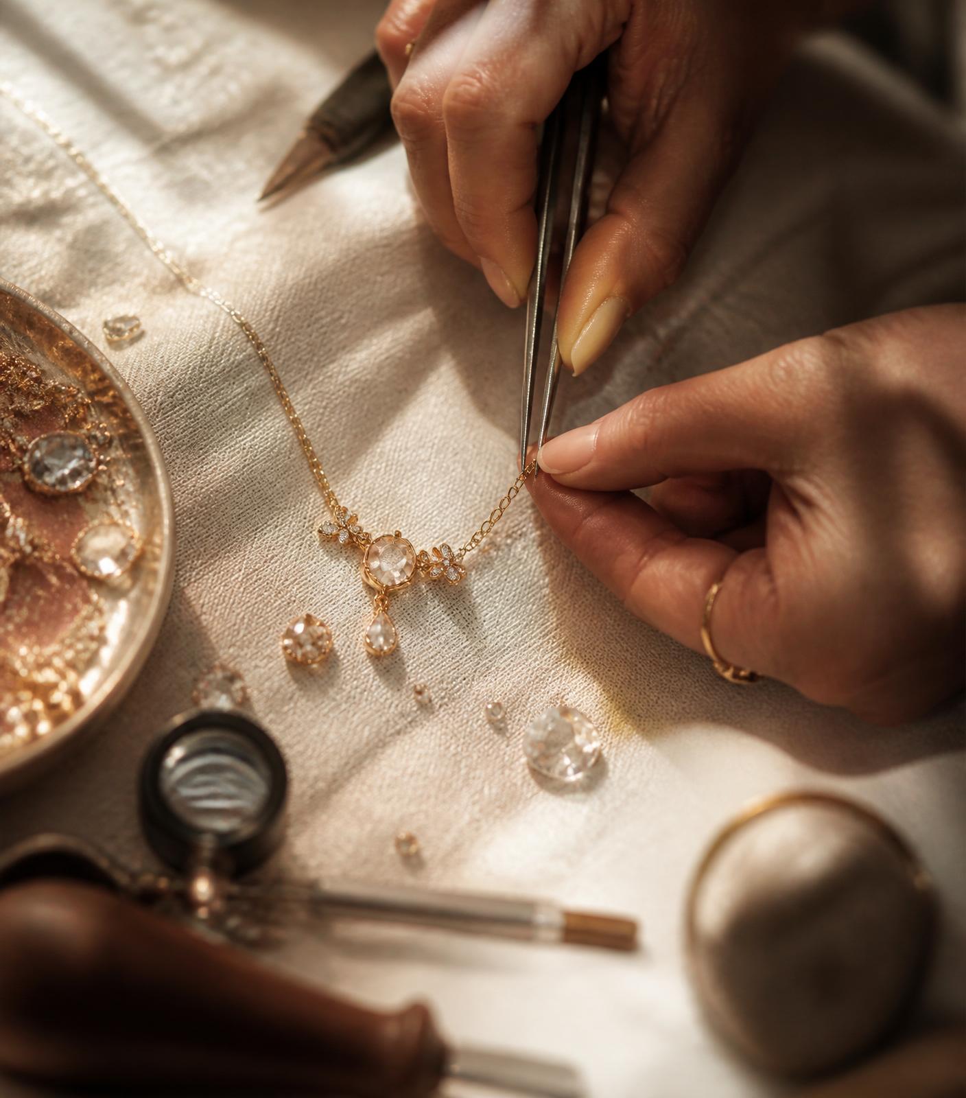 Handmade jewelry being crafted in the atelier
